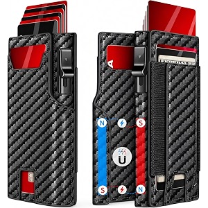 vogard smart pop-up leather wallet for men amp women  rfid blocking card holder with money clip  slim magnetic bifold wallet with quick access button  holds 14 cards amp cash carbon fibre