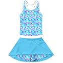 Vogseek Girls Mermaid Swimsuit Size 8 9 Blue 3D Print Girls Bathing Suit with Cover-up Skirt Tie Dye Lightweight Tankini Swimsuits for School Pool Party