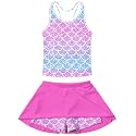 Vogseek Girl's Mermaid Swimsuits for Girls 8 9 Year Summer Glitter 2-Piece Bathing Suit UPF 50+ Hot Pink Sleeveless Tankini Sets with Skirt Shorts Beach Rash Guard Swimwear, Rose Blue Size 8 9