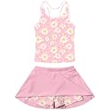 Vogseek Girls Bathing Suit Size 8 Pink Yellow Flowers Graphic Girls Swimsuit with Skirt for Little Girl 2-Piece 3D Drift Tank Sleeve Kid Swimwear for Beach Surfing