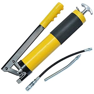 10000 heavy duty pistol grip grease gun lubrication 14oz anodized aluminum canister includes 12 inch flex hose and 5-1234 metal extension with coupler 3-way loading - black