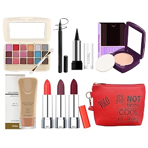 volo stylish beauty combo makeup set 3 pcs lipsticks1 eye shadow 1 cc cream1 eyeliner 1 compact 1 kajal 1 pouch set of 9 pcs c11