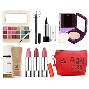 volo stylish beauty combo makeup set 3 pcs lipsticks1 eye shadow 1 foundation1 eyeliner 1 compact 1 kajal 1 pouch set of 9 pcs c12orange