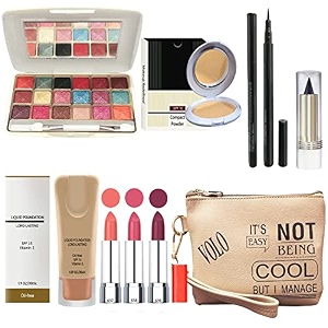 volo stylish beauty combo makeup set 3 pcs lipsticks1 eye shadow 1 foundation1 eyeliner 1 compact 1 kajal 1 pouch set of 9 pcs c9black