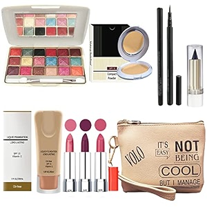 volo stylish beauty combo makeup set 3 pcs lipsticks1 eye shadow 1 cc cream1 eyeliner 1 compact 1 kajal 1 pouch set of 9 pcs c2 brown