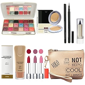 volo stylish beauty combo makeup set 3 pcs lipsticks1 eye shadow 1 foundation1 eyeliner 1 compact 1 kajal 1 pouch set of 9 pcs c6 gold