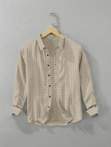 Voroxy Men Checkered Casual Beige Shirt