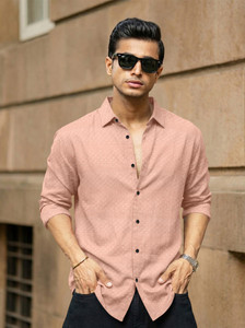 Voroxy Men Self Design Casual Pink Shirt