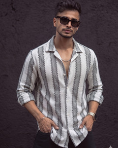 Voroxy Men Striped Casual Grey Shirt
