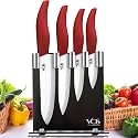 Vos Ceramic Knife Set, Ceramic Knives Set For Kitchen, Ultra Sharp Kitchen Knife Set with Covers, 3" 4" 5" 6" Paring, Santoku, Chef Knife &amp; Utility, Lightweight, Dishwasher safe (Red with Block)