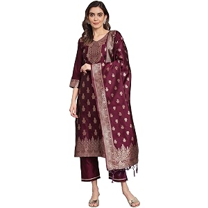 VredeVogel Womens Cotton Silk Jacquard Kurta Pant