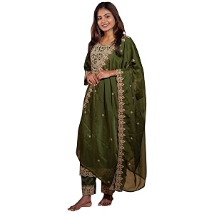 VredeVogel Womens Silk Blend Embroidered Kurta with