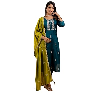 VredeVogel Womens Silk Blend Embroidered Kurta with