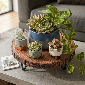 vriksha acacia wood trivet amp display riser table  1025 inch hot pot stand with iron feet  heat resistant plant stand kitchenbathroom organizer amp cosmetic shelf  brown