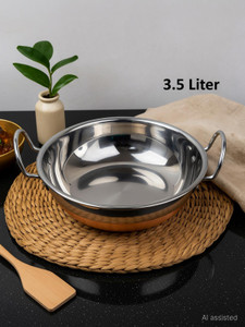 vs enterprises copper bottom stainless steel kadhai pot pans with handle kadhai 25 cm diameter 35 l capacity