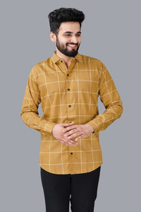 VTEXX Men Checkered Casual Yellow Shirt