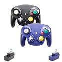 VTone Wireless Game Cube Controller, 2 Pieces 2.4G Wireless Classic Gamepad with Receiver Adapter for Wii Game Cube NGC GC (Black and Dark Blue)