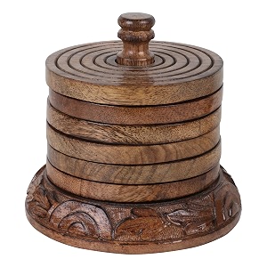 vudy 6 piece round wood coaster sets - wood coasters for drinks - drink coaster set - coasters with holder 12 cm