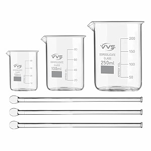 vvs borosilicate 33 glass beaker 50ml 100ml 250ml with flat stirring rod 200mmx6mm 3pcs pack of 6 for school college lab laboratory etc and professional use