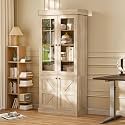 Vyre 71" Tall Farmhouse Bookshelves with Glass Doors, Brown Large Modular Bookcase with Adjustable Shelves, Storage Cabinet for Living Room, Kitchen