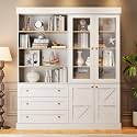 Vyre 71" Tall Farmhouse Bookshelves with Glass Doors and Drawers, Set of 2 – Large Modular Bookcase with Adjustable Shelves, Storage Cabinet for Living Room, Kitchen, White