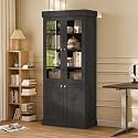 Vyre 71" Tall Farmhouse Bookshelves with Glass Doors, Large Modular Bookcase with Adjustable Shelves, Storage Cabinet for Living Room, Kitchen, Home Office, Black