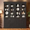 Vyre 71" Tall Farmhouse Kitchen Pantry, Rustic Black Storage Cabinet with Glass Doors, Large Versatile Wood Hutch for Living Room, Dining Room, 2 Pcs