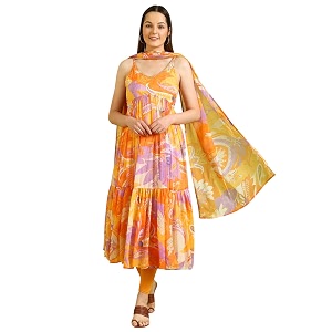 W for Woman Orange Abstract Printed Tiered
