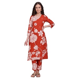 w for woman orange floral printed lace organza a-line sheer kurta crop top and pants set