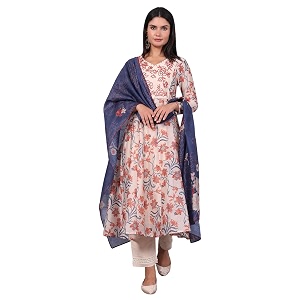 w for woman orange floral printed lace organza a-line sheer kurta crop top and pants set