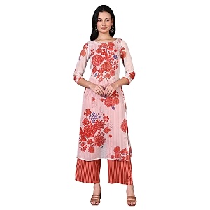 w for woman orange floral printed lace organza a-line sheer kurta crop top and pants set
