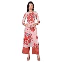W for Woman Orange Floral Printed Lace Organza A-line Sheer Kurta, Crop Top and Pants Set