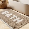 Waffle Bath Mat, Boho Woven Modern Bath Rug Absorbent Non Slip, Ultra Soft Bathroom Mat, Machine Washable Knit Bath Rugs with Bath Letter for Bathroom, Bedroom, Kitchen, Shower, 32"x20", Beige &amp; White
