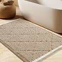 Waffle Bath Mat, Boho Woven Modern Bath Rug Absorbent Non Slip, Ultra Soft Bathroom Mats, Machine Washable Knit Bath Rugs with Rhombus for Bathroom, Bedroom, Kitchen, Shower, 36"x24", Beige &amp; White