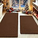 Waffle Bath Mat Set 2 Piece, Boho Woven Modern Bath Rug Absorbent Non Slip, Ultra Soft Bathroom Mats, Machine Washable Knit Bath Rugs with Border for Bathroom, Bedroom, Kitchen, Shower, Tub, Brown