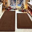 Waffle Bath Mat Set 2 Piece, Boho Woven Modern Bath Rug Absorbent Non Slip, Ultra Soft Bathroom Mats, Machine Washable Knit Bath Rugs with Tassels for Bathroom, Bedroom, Kitchen, Shower, Tub, Brown