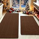 Waffle Bath Mat Set 2 Piece, Boho Woven Modern Bath Rug Absorbent Non Slip, Ultra Soft Bathroom Mats, Machine Washable Knit Bath Rugs with Herringbones for Bathroom, Bedroom, Kitchen, Shower, Brown