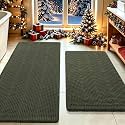 Waffle Bath Mat Set 2 Piece, Boho Woven Modern Bath Rug Absorbent Non Slip, Ultra Soft Bathroom Mats, Machine Washable Knit Bath Rugs with Herringbones for Bathroom, Kitchen, Shower, Tub, Dark Green