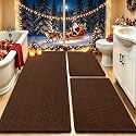 Waffle Bath Mat Set 3 Piece, Boho Woven Modern Bath Rug Absorbent Non Slip, Soft Bathroom Mats, Machine Washable Knit Bath Rugs with Herringbones for Bathroom, Bedroom, Kitchen, Shower, Tub, Brown
