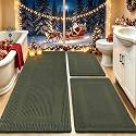 Waffle Bath Mat Set 3 Piece, Boho Woven Modern Bath Rug Absorbent Non Slip, Soft Bathroom Mats, Machine Washable Knit Bath Rugs with Tassels for Bathroom, Bedroom, Kitchen, Shower, Tub, Dark Green