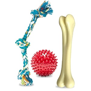 natural rubber spiked ball  dog chew bone  durable dog chew 3 knotted cotton rope  for teeth cleaning and interactive play  perfect for puppies amp dogs pack of 3 pieces