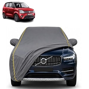 wagon-r 100 waterproof car cover  dustproof sun protection cover  soft cotton lining  triple stitched  mirror pocket  antenna pocket  all weather body cover grey with yellow piping