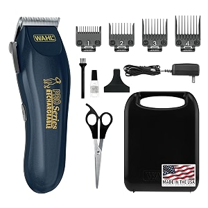 wahl lithium-ion deluxe pro series rechargeable pet clipper with low noise and heavy duty motor for cordless electric dog trimming and shaving - model 9591-2100