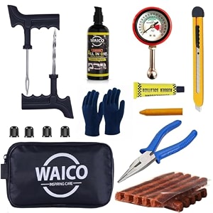 waico 11 in 1 universal tubeless tyre puncture kit  with pressure gauge gloves plier polish storage bag etc  emergency flat tire repair tool bag for car bike suv amp motorcycle