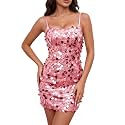 Waist Wow Sequin Dress for Women Spaghetti Strap Sexy Dresses Glitter Sparkly Mini Dress