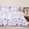 Wake In Cloud - Floral Comforter Set, Cottagecore Cottage Rustic Farmhouse Style with Botanical Flowers and Leaves Pattern, Soft Lightweight Bedding, 3-Piece, Purple White, Full Size