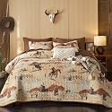 Wake In Cloud - Western Quilt Set, Rustic Ranch Life with Cowboy Southwestern Vintage Country Pattern Printed, Reversible Lightweight Bedspread Coverlet, 3 Pieces, Ochre Brown, King Size