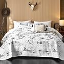 Wake In Cloud - Western Quilt Set, Rustic Ranch Life with Cowboy Southwestern Vintage Country Pattern Printed, Reversible Lightweight Bedspread Coverlet, 3 Pieces, Black White, King Size
