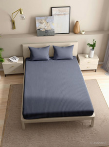 wakefit cotton queen fitted elastic 215 tc striped 1 bedsheet with 2 pillow covers