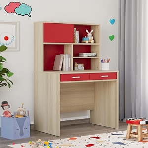 wakefit kids study table with storage  wooden study desk for kids with bookshelf amp drawers  writing table for students  5-12 years  curio moldau acacia amp red engineered wood